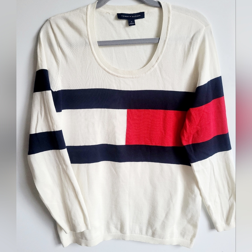 Tommy Hilfiger 100% Cotton Women's Colorblock Knit Sweater White/Red/Blue Medium - Picture 14 of 16
